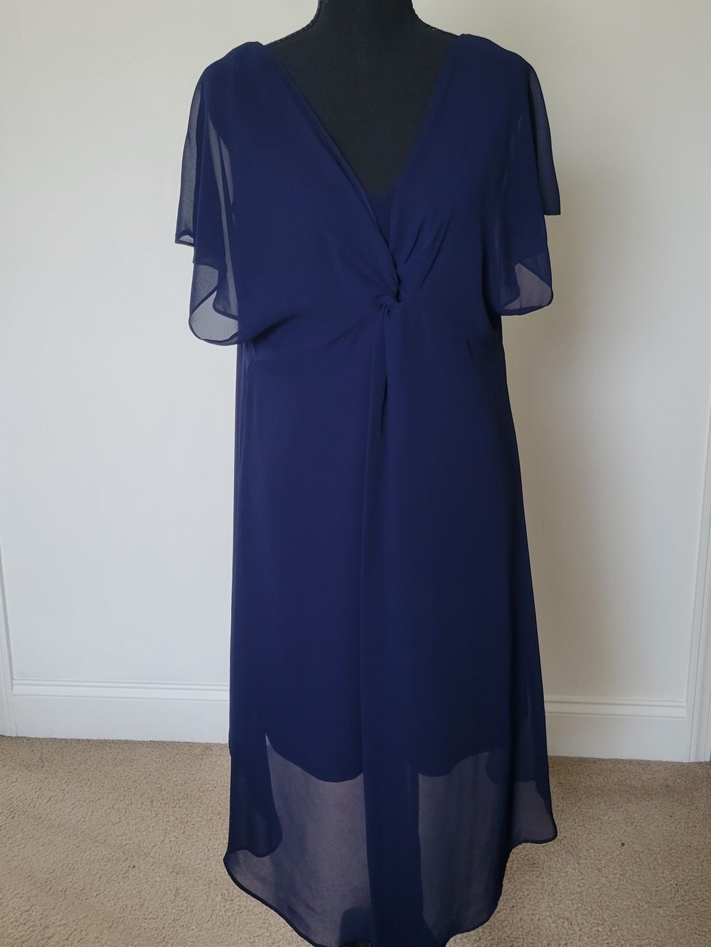 Adrianna Papell Navy Chiffon Overlay Twist Dress Size S